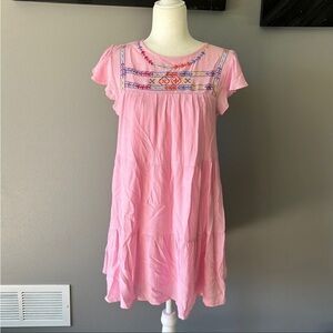 Blu Pepper Pink Tiered Embroidered Dress with Short Sleeves